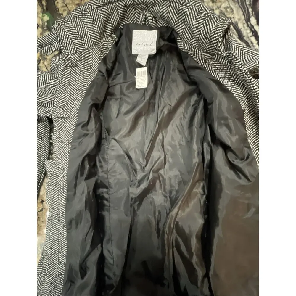 Y2K Wet Seal Herringbone Wool Blend Pea Coat Jacket Black White Herringbone‎ XL